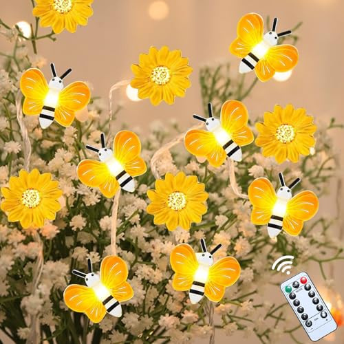 Biene Lichterkette Innen, 3M 30LED Sonnenblumen Lichterkette Innen Batterie LED Lichterkette Blumen mit Timer Sonnenblume Bienen Kirschblüten Lichterkette Blumen Girlande für Innen Außen (A)
