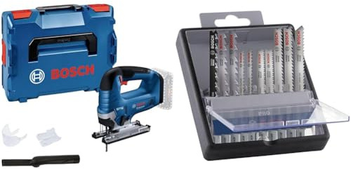 Bosch Professional 18V System Akku Stichsäge GST 18V-125 B (mit Bügelhandgriff) + 10x PRO Hardwood and Laminate Stichsägeblatt-Set (für Hartholz, Parkett, Länge 83 mm, Zubehör)