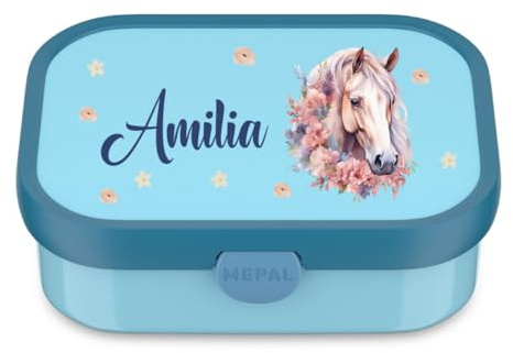 Mepal Contenitore per il pranzo con cavallo, personalizzato, per bambini con scomparti, per il pranzo e il pranzo del campus con nome stampato colorato (blu)