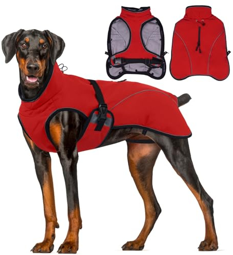 Hjyokuso Hundemantel Winter Wasserdicht, Warme Zweiteilige Hundejacke mit Fleecefutter, Winddichte Hundemantel für Kleine & Große Hunde, Weiche Winterjacke Hund für Kaltes Wetter, Rot XL