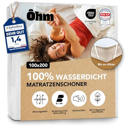 Ôhm Matratzenschoner 100x200 cm wasserdicht, atmungsaktive Baumwoll-Auflage, Schutz für Allergiker, Inkontinenz und Kinder, Anti-Milben, Elastikbänder bis 40 cm, Oeko-Tex