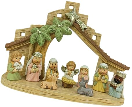 ZHGFXIN Estatua de belén estable, figuras de belén de Navidad, decoración coleccionable de la sagrada familia, adornos de mesa para interiores, resina de la sagrada familia, estatua con establo