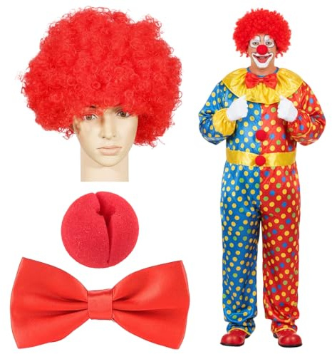 Stück Clown Perücke, Rote Clown Perücke mit Clownsnase und Fliege, Clown Kostüm Zubehör für Faschingsparty und Karneval, Halloween and Cosplay Party Ausstattung