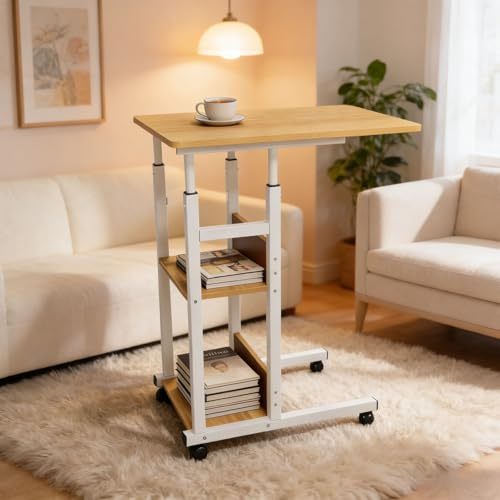 Table de chevet réglable en forme de C avec roulettes verrouillables et 2 étagères de rangement, table basse, hauteur réglable de 70 à 80 cm pour le salon et la chambre à coucher (couleur bois)