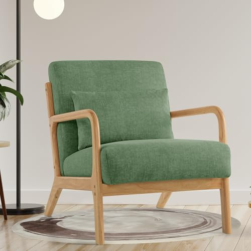 Aunekiv Lounge-Sessel, Akzentstuhl mit Kissen, Polstersessel mit Holzrahmen & Armlehnen, Moderner Lesesessel für Wohnzimmer, Schlafzimmer, Leseecke & Büro (81.5 x 63.5 x 74.5 cm, Grün)