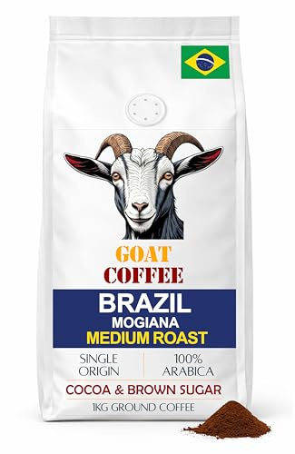 Goat Coffee Ground Coffee 1kg – Brazil Mogiana Single Origin – 100% Arabica Medium Roast – Smooth Cocoa & Brown Sugar Flavour Notes – Filter & Cafetière