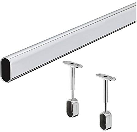 Gedotec Asta Guardaroba Ovale Schrankstange 1500 mm con Seitenwand-Schrankrohrlager & Spalline Medie per Deckenmontage | Acciaio Cromato | Tubo Armadio 30 x 15 mm | 1 Set - Möbelstangen con Supporti