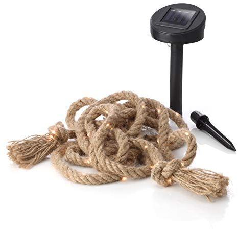 Auraglow Solar Powered 60 LED Bulb Decorative Garden Outdoor Natural Hemp Rope String Fairy Light, Ideal for Pergolas, Gazebos, Posts and Trees