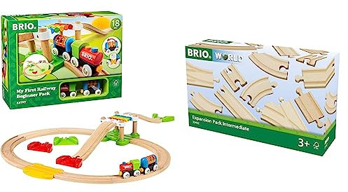 BRIO World 33727 Mein erstes Bahn Spiel Set - Zug mit Waggon, Schienen & Hängebrücke für Kleinkinder Einsteiger-Set empfohlen ab 18 Monaten & Bahn 33402 - Mittleres Schienensortiment