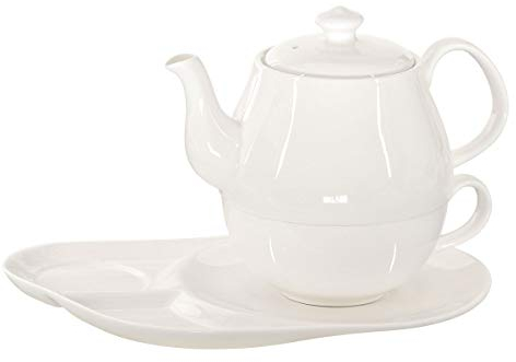 Buchensee Tea for One Daisy 600ml aus Crystal Bone China Porzellan in fein-cremigem Weiß. Teekanne + Teetasse + Untersetzer mit praktischen Ablageflächen