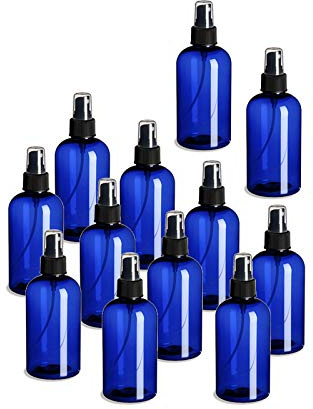 Natural Farms 12 Pack 8 oz - Blue Boston Plastic Spray Bottles - Fine Mist Sprayer & Dust Cap for Essential Oils, Perfumes, Cleaning Products - Made in the USA