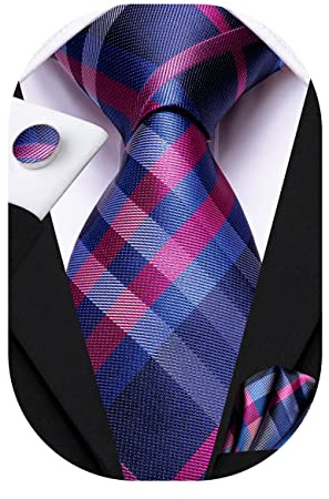 Hi-Tie Mens Navy and Pink Plaid Ties Silk Woven Necktie with Pocket Square Cufflinks Set for Wedding Party