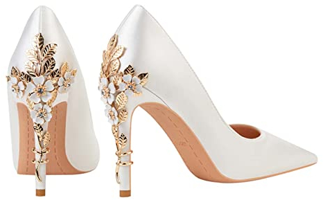 JOEupin Chaussures à talons hauts pour femme Bout pointu Satin Pompes à talons aiguilles Robe de mariée Soirée de mariage pour femme, blanc, 35 EU