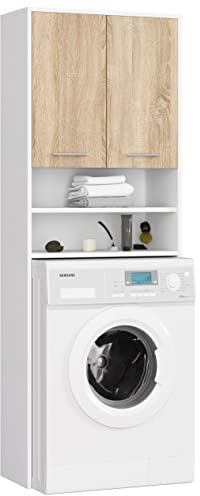 AKORD | Armadio Pensile per Lavatrice | Armadio di trasformazione con 2 ante, 2 Ripiani Aperti | Archivio per bagno | Cassettiera per lavatrice | 64x180x30 cm | Peso 30 kg | Bianco/Rovere Sonoma