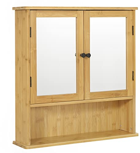 EUGAD Badezimmerschrank mit Spiegel, Hängeschrank für Bad, Spiegelschrank für Badezimmer, Wandschrank mit Türen, hängender Badschrank mit Verstellbarer Ablage, aus Bambus, 56x58x14 cm