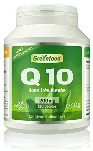Greenfood Coenzyme Q10, 200 mg, dose extra élevée, 120 gélules, vegan - produit par fermentation naturelle. SANS additifs artificiels, sans génie génétique