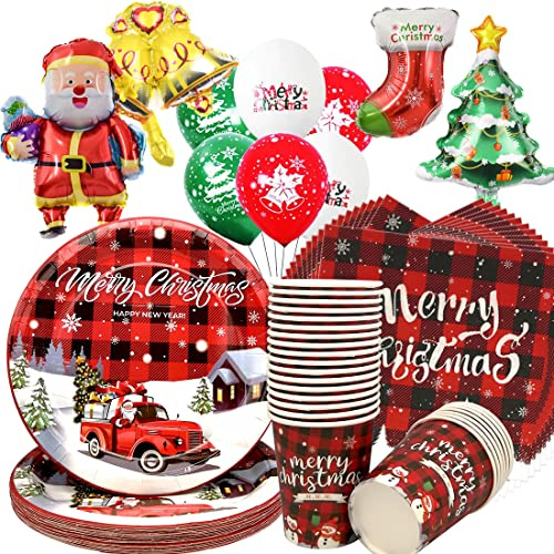 Doyomtoy 88 Stück Weihnachten Partygeschirrset, Weihnachts Luftballons Merry Christmas Partygeschirr Teller,Tasse, Papierserviette Party Tischdeko Partygeschirr - 24 Gäste
