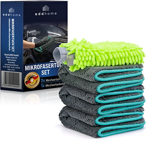 addhome Auto-Mikrofasertücher 1200 GSM für Auto und Haushalt, Reinigungsset aus 3X Mikrofasertuch 40 x 40 cm und Mikrofaser-Handschuh – kratzfrei, fadenfrei, extra saugstark und lackschonend