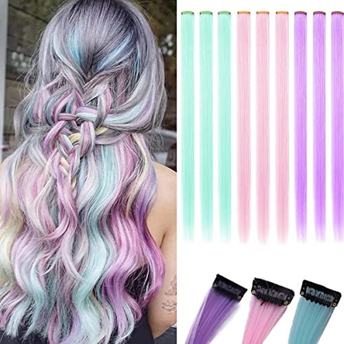KARLOR Extensiones de Pelo de Colores - 9 Unidades en Lila Claro, Azul Menta y Rosa Claro - Clip en Extensiones Teñidas de Pelo Liso para Niñas y Mujeres
