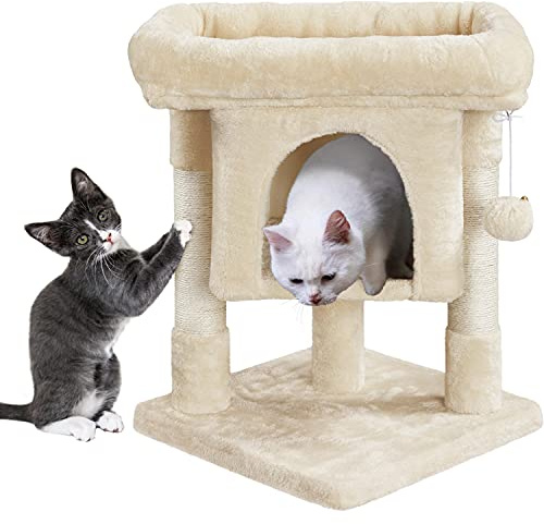 Yaheetech 59 cm Cat Tree for Indoor Cats with Scratching Posts, Beige | Cat Tower, Cosy Condo, Oversized Top Perch, Dangling Ball, 40.5 x 40.5cm Base, 2-Level, 2-Level FSC-certified