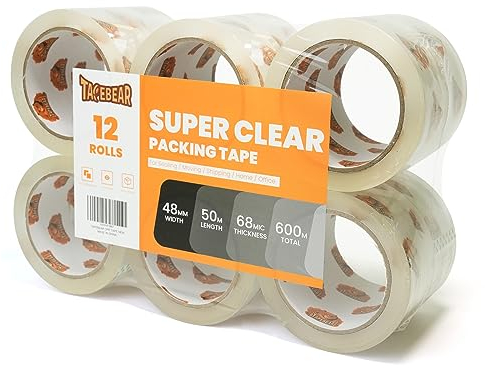 TAPEBEAR 12 Rollen Paketklebeband Superklar Paketbänder Paketklebeband 48mm x 50m Transparent Verpackungsklebeband Paketband Stärke 2.7mil für Versand, Umzug und Lagerung