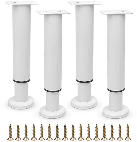 Furniture Adjustable Legs, Metal Bed Support Leg Replacement Central Slat Frame Couch Support Leg Parts Retractable Heavy Duty Furniture Foot for Sofa/Dresser/Table/Cabinet 18-32 CM (White 4 Pcs)