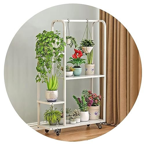 LIGUOYI Metall Blumentreppe 4/5/6 Stufen Blumenetagere Mit Rad, Blumentopf Dekos Blumentreppe Mit Aufhängestange, Belastbarkeit 150kg, Blumentopf Organizer Halter Regal Für Drinnen Und Draußen