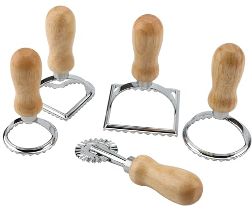 DAKFOOK 5 PCS Ravioli Stamp Maker Cutter Set, Pasta Maker Mold with Wooden Handle and Fluted Edge, Ravioli Mould Kit, Pasta Press Cutter for Making Ravioli Pastry Pasta Dumplings Cookies