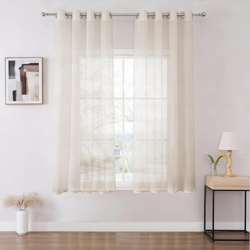 Joydeco Gardinen mit Ösen Transparente 2er Set, Optik Gardine Voile Ösenvorhang Ösenschal Durchsichtig Vorhang Kurz für Schlafzimmer Wohnzimmer Schlaufenschal (2xH145xB140, Leinen)