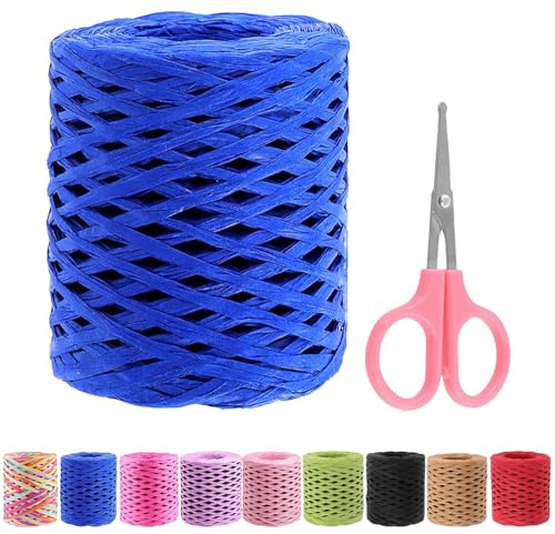 Swpeet 1 Roll Beautiful Sapphire Blue 218 Yards Raffia Paper Craft Ribbon with Scissors Assortment Kit, Natural Raffia String Kraft Craft Packing Paper Twine for Gifts DIY Flower Decorations