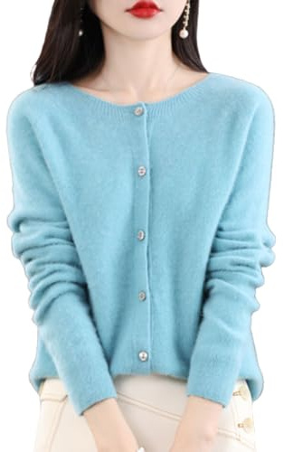 TeysHa Kashmir Cardigan för kvinnor, ull Crew Neck Button Down långärmad cardigan tröja, mjuka varma stickade elastiska tröjor, Blå (Lake blå), XXL