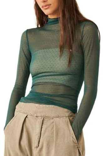 Sheer Mesh Long Sleeve Layering Top for Women Mock Neck Floral Lace Tshirt See Through Tee Shirt Blouse(Dot Army Green,Small