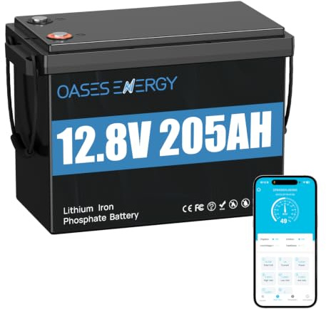 Oasesenergy LiFePO4 12V 205AH Lithium Batterie mit Bluetooth Integriertes 200A BMS, Verbesserte Mini-Größe, 2624Wh Nutzbare Energie für HeimSolaranlage,Wohnmobil, Camping, Boote, Off-Grid-Anwendungen