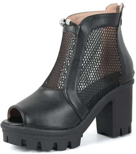 DINTAHA Mesh Open Toe Booties For Women Block Heel Platform Peep Toe Ankle Boots Summer Boots,Black