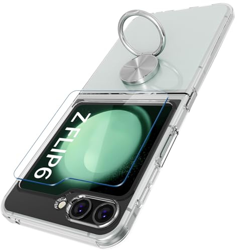 Cover Compatibile con Samsung Galaxy Z Flip 7 FE/Flip 6 5G, Custodia Trasparente Silicone con Anello Ruotabile Cavalletto, Quattro Angoli Anti-Caduta Crystal Clear Case - Anello Argento
