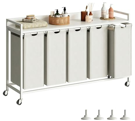 Herture Wäschekorb 5 Fächer, 300 L Wäschesammler mit Rollen & verstellbaren Füßen, herausziehbare Wäschesäcke, stabile Ablage, Wäschetrenner für Bad, Schlafzimmer & Waschküche, Weiß PF08XLW