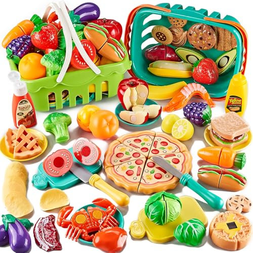 85-teiliges Spielzeug-Lebensmittelset, zum Schneiden von Spielzeug-Lebensmitteln mit 2 Körben, Spielküchen-Zubehör mit Pizza, Gemüse, Obst und Dessert, Geschenk für Jungen und Mädchen.