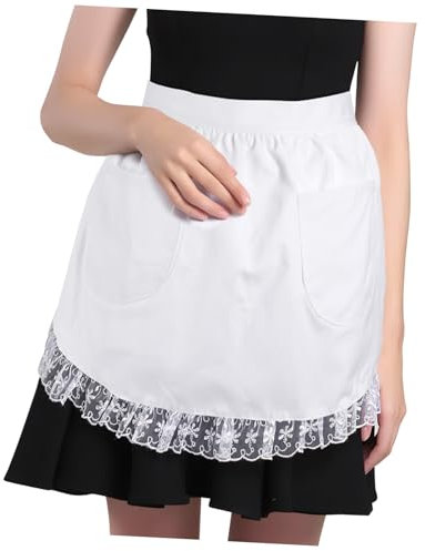 Cabilock Grembiule Corto in Pizzo e Cotone Con Tasche, a Vita Per Cameriere e Domestica, Bianco, Adatto Per Ristoranti e Pasticcerie