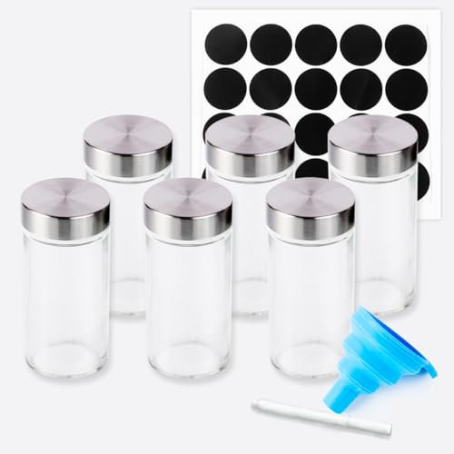 Glass Spice Container Set - 16 Piece 4 oz Round Bottles With Labels, Chalk Marker and Silicone Collapsible Funnel for Seasoning