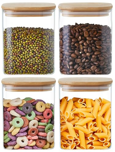 MESNEY 4 Pack 800ml Glass Food Storage Jars with Bamboo Lids – Airtight and Stackable Containers for Kitchen and Pantry – Eco-Friendly Clear Glass Jars for Dry Food, Coffee, Snacks