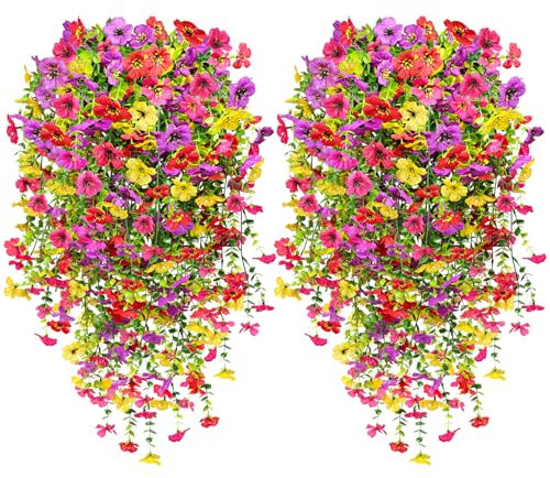 Yueshop 4Pcs Artificial Hanging Flowers,UV-Resistant Fake Hanging Plants Flower Bouquet Indoor Outdoor Fake Flowers Plant for Wall Home Garden Yard Patio Wedding Decoration Mix Color