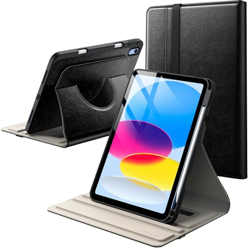 JETech Drehbare Hülle für iPad (A16) 11./10. Gen, Schwarz | Für 2025/2022 Modell, 360° Drehständer, Stifthalter, PU-Leder Folio, Vollschutz-Design