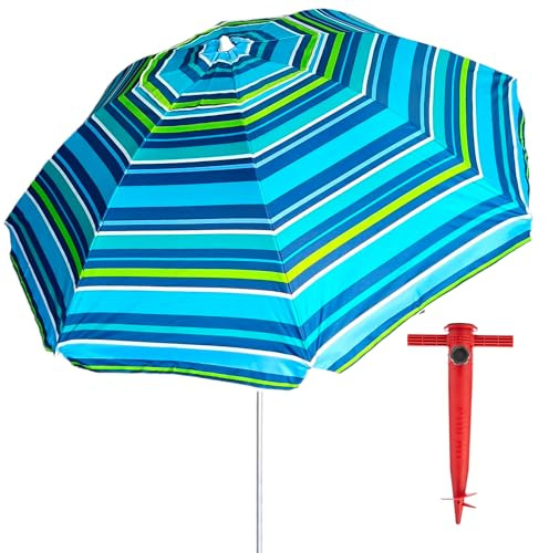 Pincho Großer Strandschirm, 220 cm, winddicht bis 35 km/h, UV50+, Aluminium, 8 + 8 Faserstäbe, Fenster oben, neigbar, leicht, Tragetasche (Farbe 5)