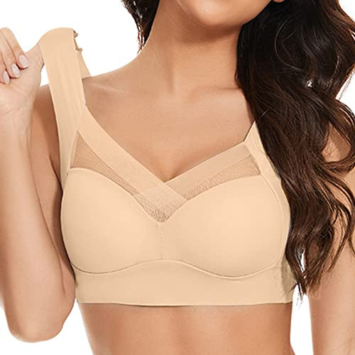 Non Wired Bras for Women UK Seamless Sports Comfortable Soft Push Up Bra for Sagging Breasts Bras Womens Everyday Bra Lace Wide Strap Plus Size (Beige, XXL)