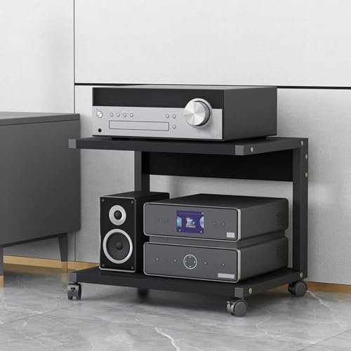 Supporto audio con ruote, a 2 livelli, per giradischi, giochi e DVD, in legno, perfetto per soggiorno e centro di intrattenimento (nero, 50 x 40)