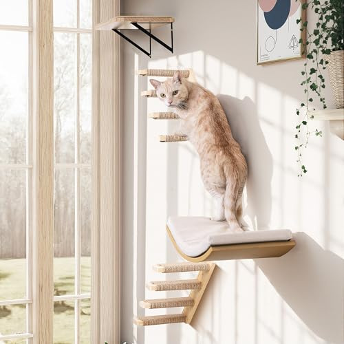 PELUOMOZ Katzen Wandmöbel Set 4-teilig, Holz Plattformen mit Schaumstoff | 4-teiliges Katzen Wandmöbel, gebogene Liegefläche mit Schaumstoffmatte, Sisal Plattformen, stabile Holzkonstruktion