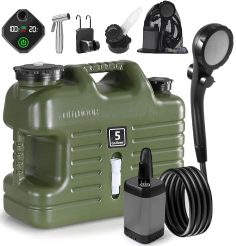 Portable Camping Shower with 5 Gallon Water Jug, 6000mAh Rechargeable Outdoor Camping Shower Kit, IPX7 Waterproof Pump BPA Free Water Containers Camp Essentials Green