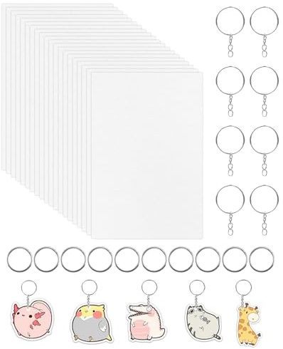 ALONK 140 Stück Schrumpffolie Set Schlüsselanhänger, 20 Stück Shrink Plastic Paper Bedruckbare(20x14,5cm), Diy Handwerk Enthalten120 Stück Schlüsselanhänger und Offener Biegering Set