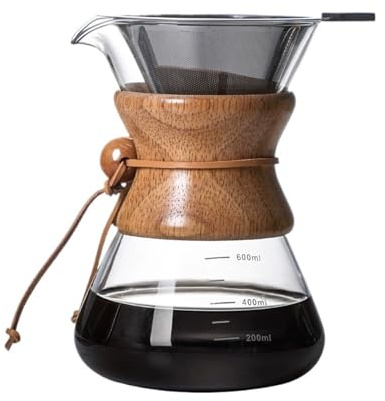 Caffettiera manuale da 400-1000 ml, in vetro borosilicato resistente al calore, con manicotto in legno e filtro in acciaio inox a doppio strato per versare facilmente il caffè a casa (600 ml con