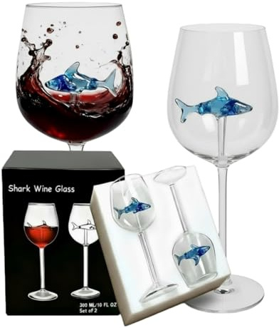 Set di 2 bicchieri da vino con squalo 3D all'interno, bicchieri in vetro senza piombo da 300 ml, confezione regalo, regalo divertente per donne e uomini, compleanno, anniversario di matrimonio (blu)